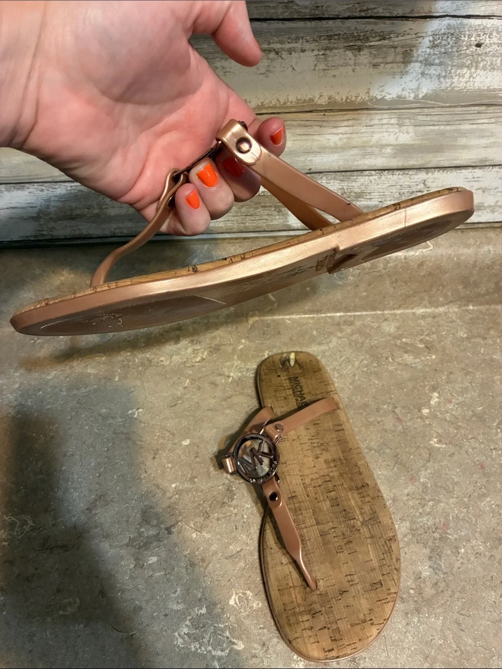 Michael Kors Rose Gold Logo Thong Sandals Jelly and Cork Size 9